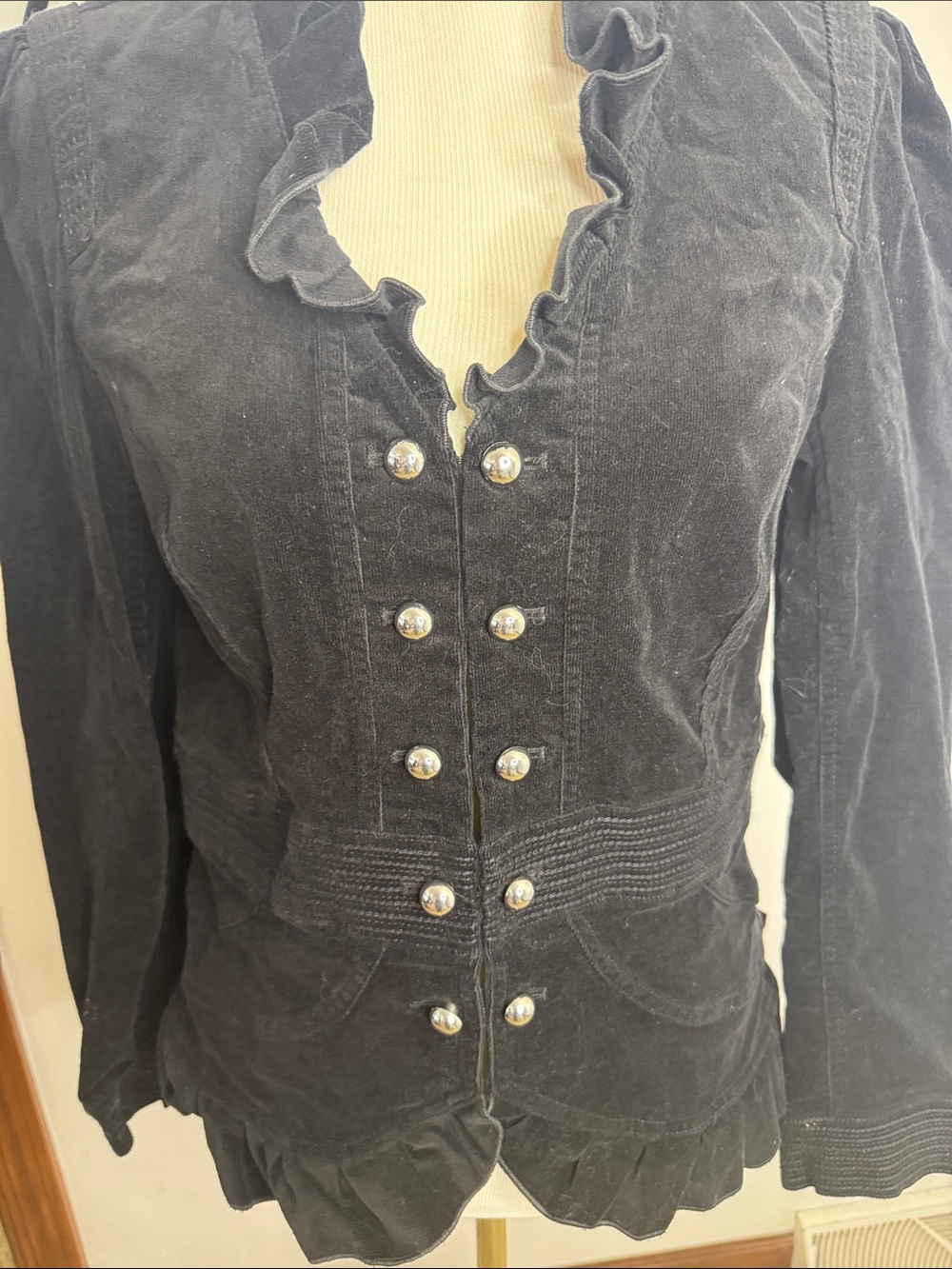 White House Black Market Stylish black Military Ruffle Front Jacket Size 12 - Picture 2 of 9